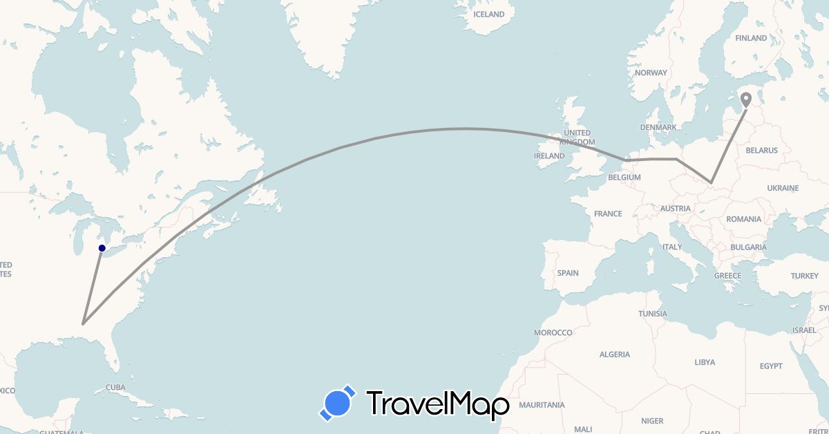 TravelMap itinerary: driving, plane in Germany, Latvia, Netherlands, Poland, United States (Europe, North America)